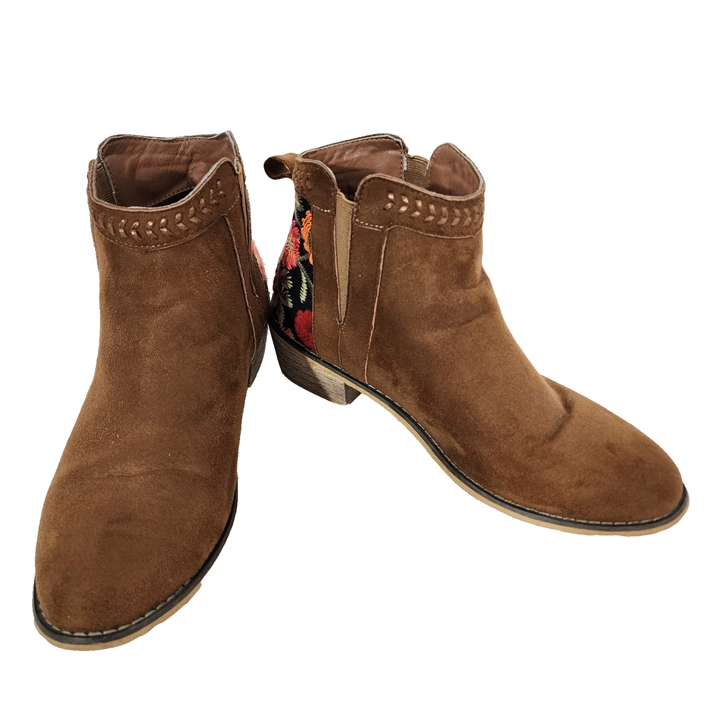 Tiara Los Angeles Womens Embroidered Floral Topa Ankle Boots 8.5M Camel Suede